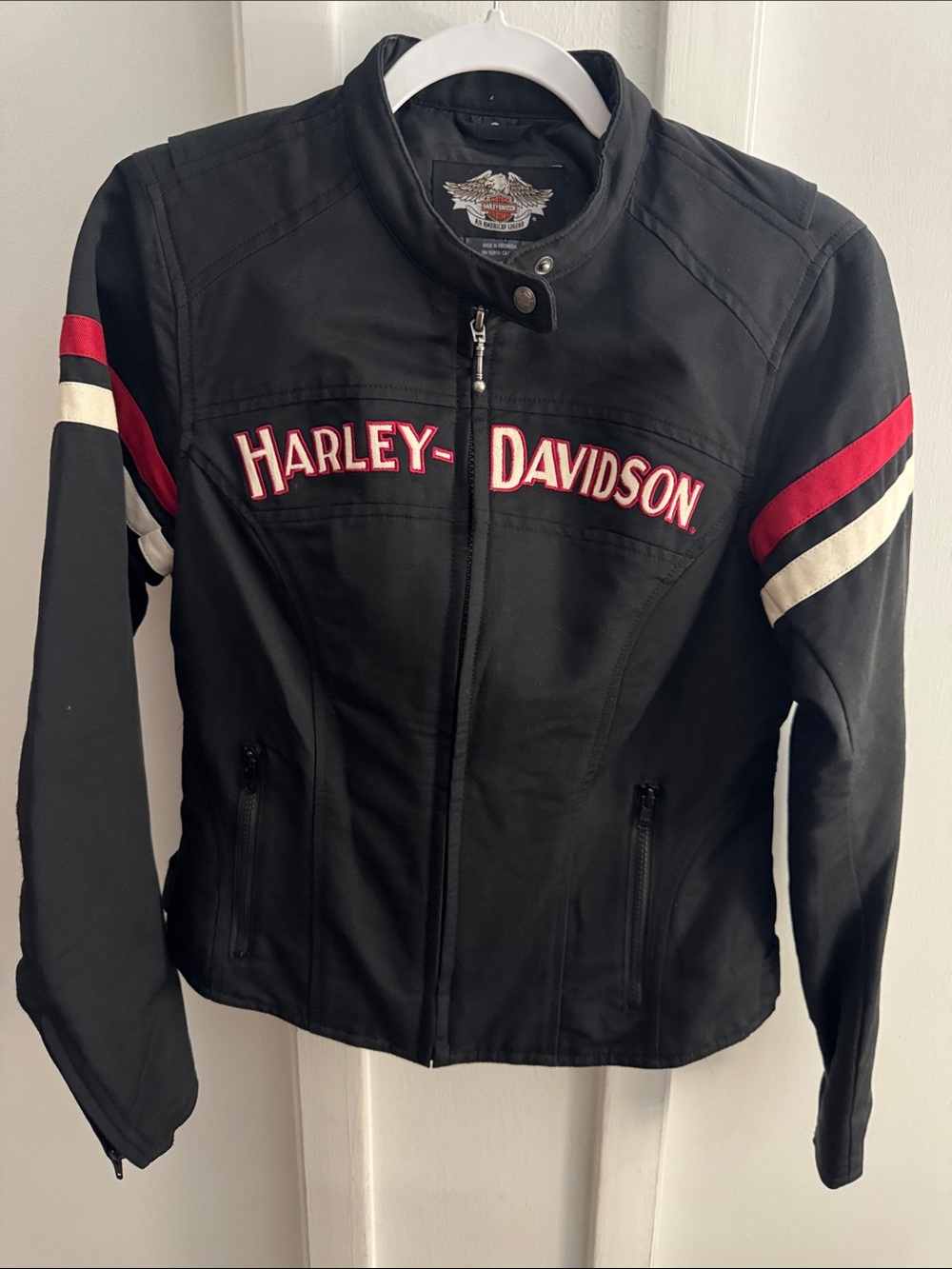 Harley-Davidson Black Jacket with Red and White Sleeve Stripes